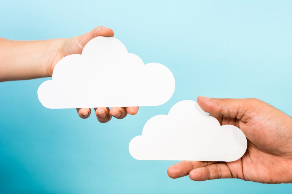 Two hands hold clouds to signify the need for cloud-based SaaS application visibility