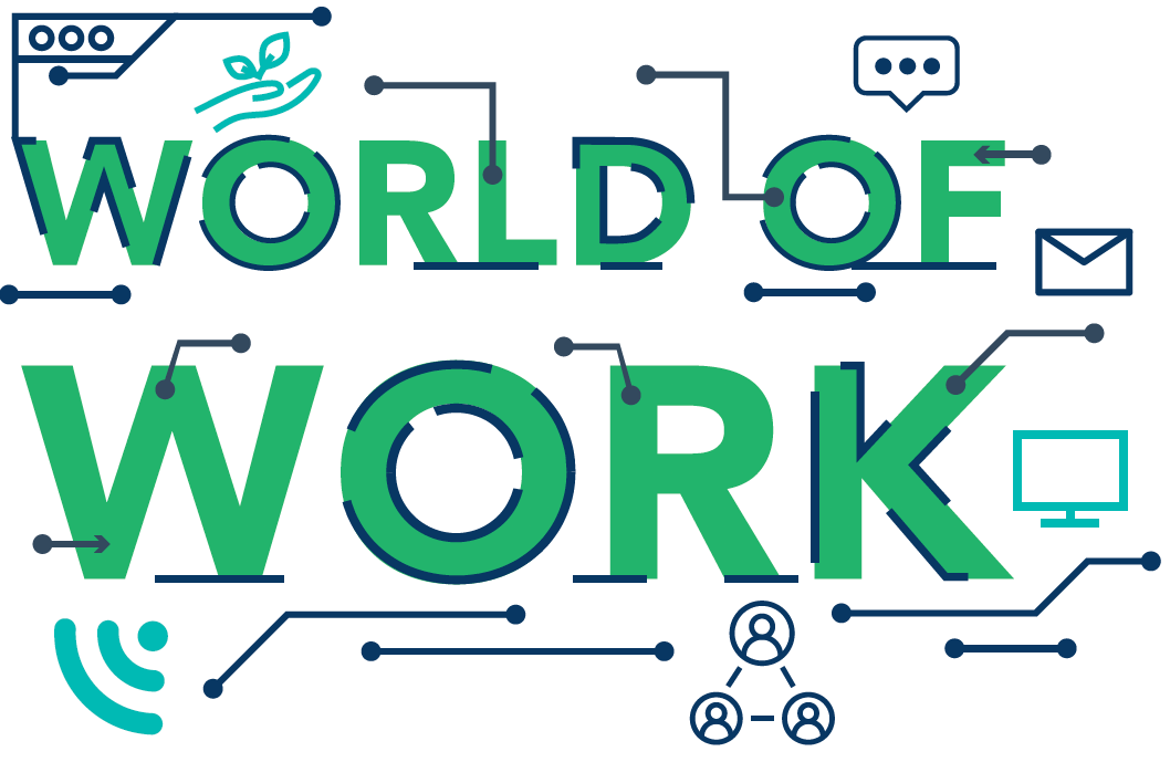 The words World of Work in green and surrounded by symbols for Wi-Fi, texting, email and a computer monitor.