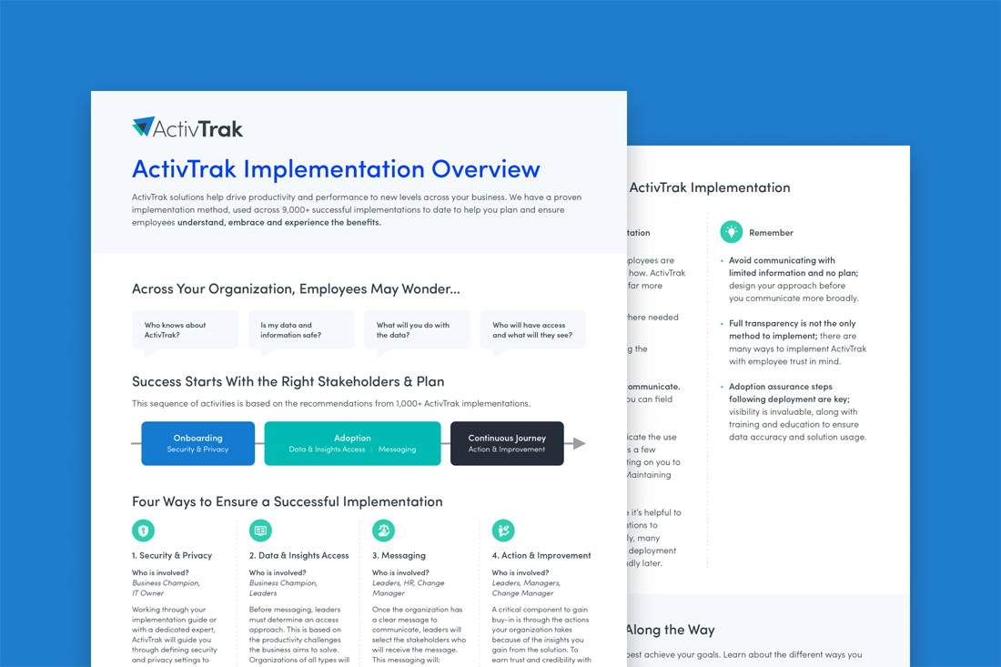 ActivTrak Implementation overview snapshot showing the first page of the document.