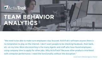 The ActivTrak logo and title, Team Behavior Analytics, over a background photo of a woman working at a computer.