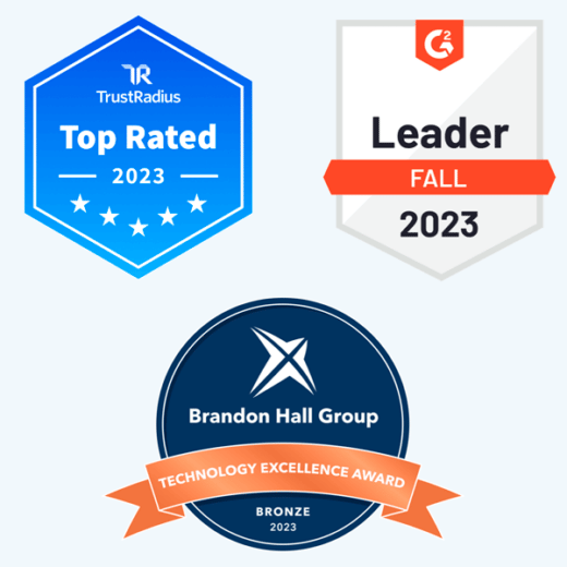 TrustRadius top rated, G2 leader and Brandon Hall group technology excellence award gold