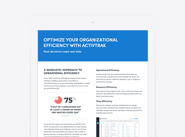 A tablet showing the words optimize your organizational efficiency with ActivTrak and more paragraphs below.
