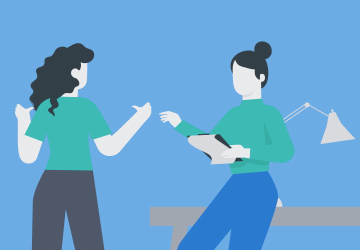 Illustration of two women talking at the office