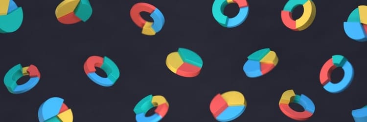 Lots of 3D pie charts and circular charts with three or four colors: blue, yellow, red, green, randomly placed.