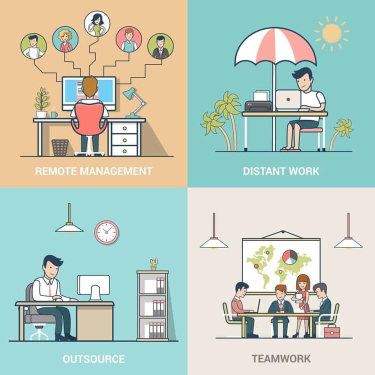 4 illustrations labeled Remote Management, Distant Work, Outsource and Teamwork.