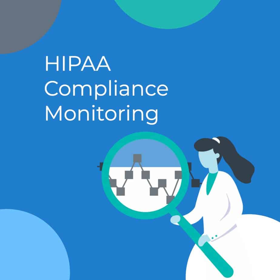 A woman holding a magnifying glass over a graph next to the text: HIPAA Compliance Monitoring.