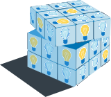A light blue Rubik's cube with each square filled with a lit or unlit lightbulb.