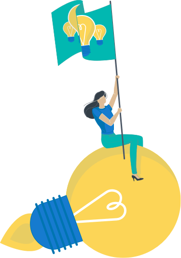 A woman sitting on a giant lightbulb while holding a teal flag with lighbulbs on it.