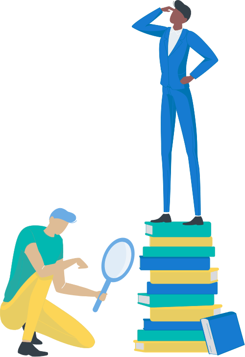 A man standing on a tall stack of books with his hand shading his eyes. Another man kneels down with a magnifying glass.