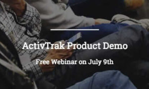ActivTrak Product Demo Free Webinar on July 9th in white on a background photograph of men sitting in a row.