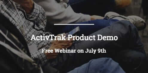 ActivTrak Product Demo Free Webinar on July 9th in white on a background photograph of men sitting in a row.