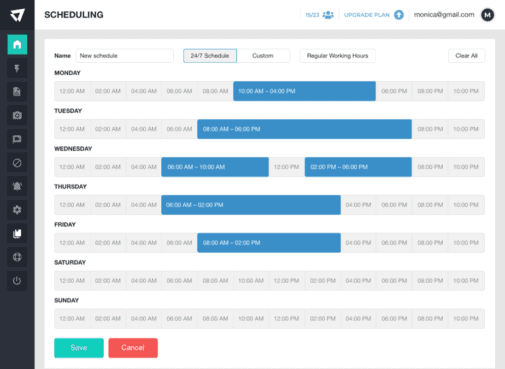 A scheduling screen on the ActivTrak dashboard, showing the schedules Monday through Sunday.