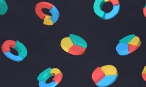 Lots of 3D pie charts and circular charts with three or four colors: blue, yellow, red, green, randomly placed.