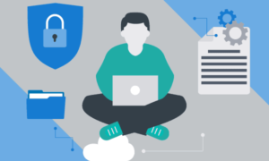 A man sitting cross-legged working on his laptop is surrounded by a shield with a lock on it, a file folder, gears and a cloud.