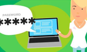 A woman holding a laptop up with speech bubble that says password.