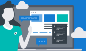 A woman pointing to a large laptop with productivity monitoring software on it, with clouds around it.