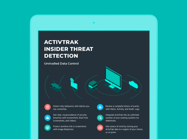 A tablet showing the words ActivTrak Insider Threat Detection, unrivaled data control, and more paragraphs below.
