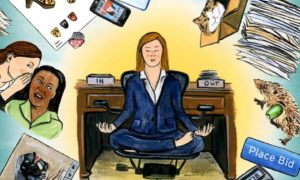 A woman meditating in her office chair, facing away from her desk with images around her like a hedgehog wearing a cast.