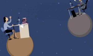 2 tiny planets on a blue, starry background, with a woman at a desk waving to a man on the other planet also at a desk.