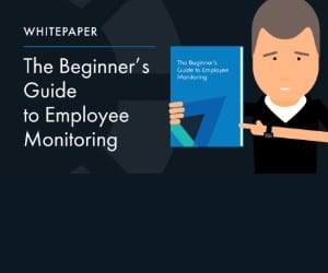 A man holding and pointing to a paper, next to text: Whitepaper The Beginner's Guide to Employee Monitoring.