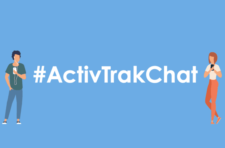 The words #ActivTrakChat on a blue background. On either side stand a man and a woman, each using a smart phone.
