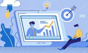 A laptop screen showing a man pointing to a graph. A woman sitting next to that using her own laptop with a target above her.