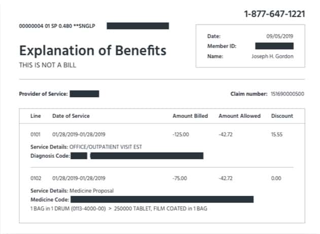 An explanation of benefits for and medical office visit and a prescription.