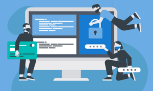 A man carrying a giant credit card and wearing a mask, a woman coping a password and a man breaking a lock.