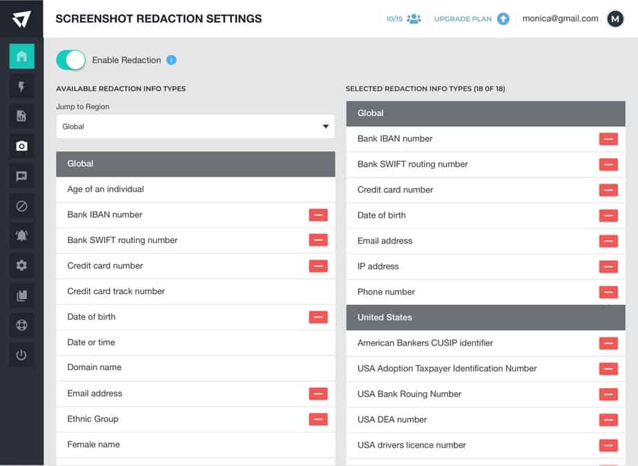 A screenshot of ActivTrak's screenshot redaction settings from productivity measurement software.