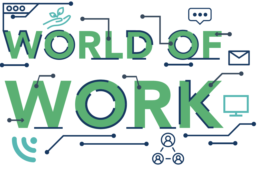 The words World of Work in green and surrounded by symbols for Wi-Fi, texting, email and a computer monitor.