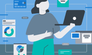 A woman holding a laptop with workforce analytics software, is surrounded by charts, graphs, emails, a credit card and texts.