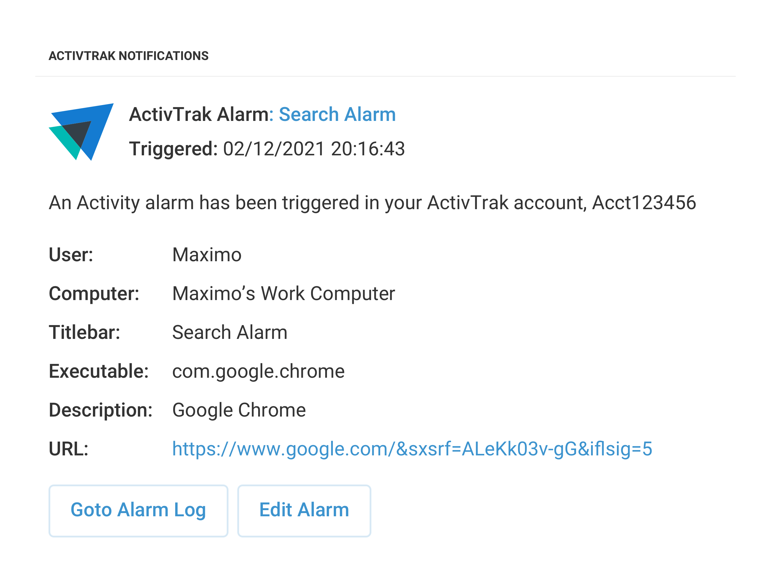 An ActivTrak alarm notification titled Search Alarm, showing a triggered activity alarm.
