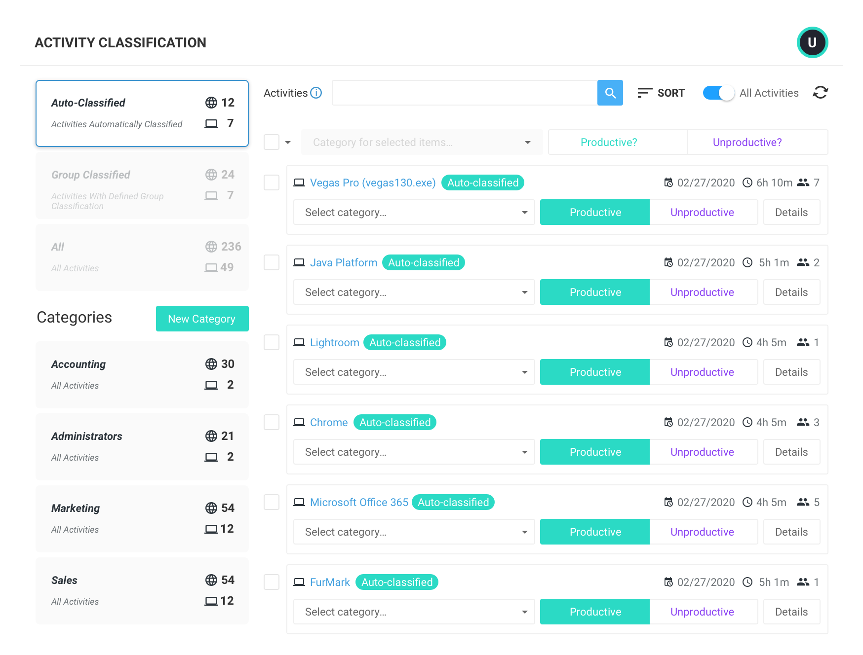 Screenshot of the ActivTrak dashboard where you can manage activity classification.