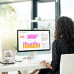 A woman sitting at a white desk working on her computer which shows an ActivTrak remote workforce management report.