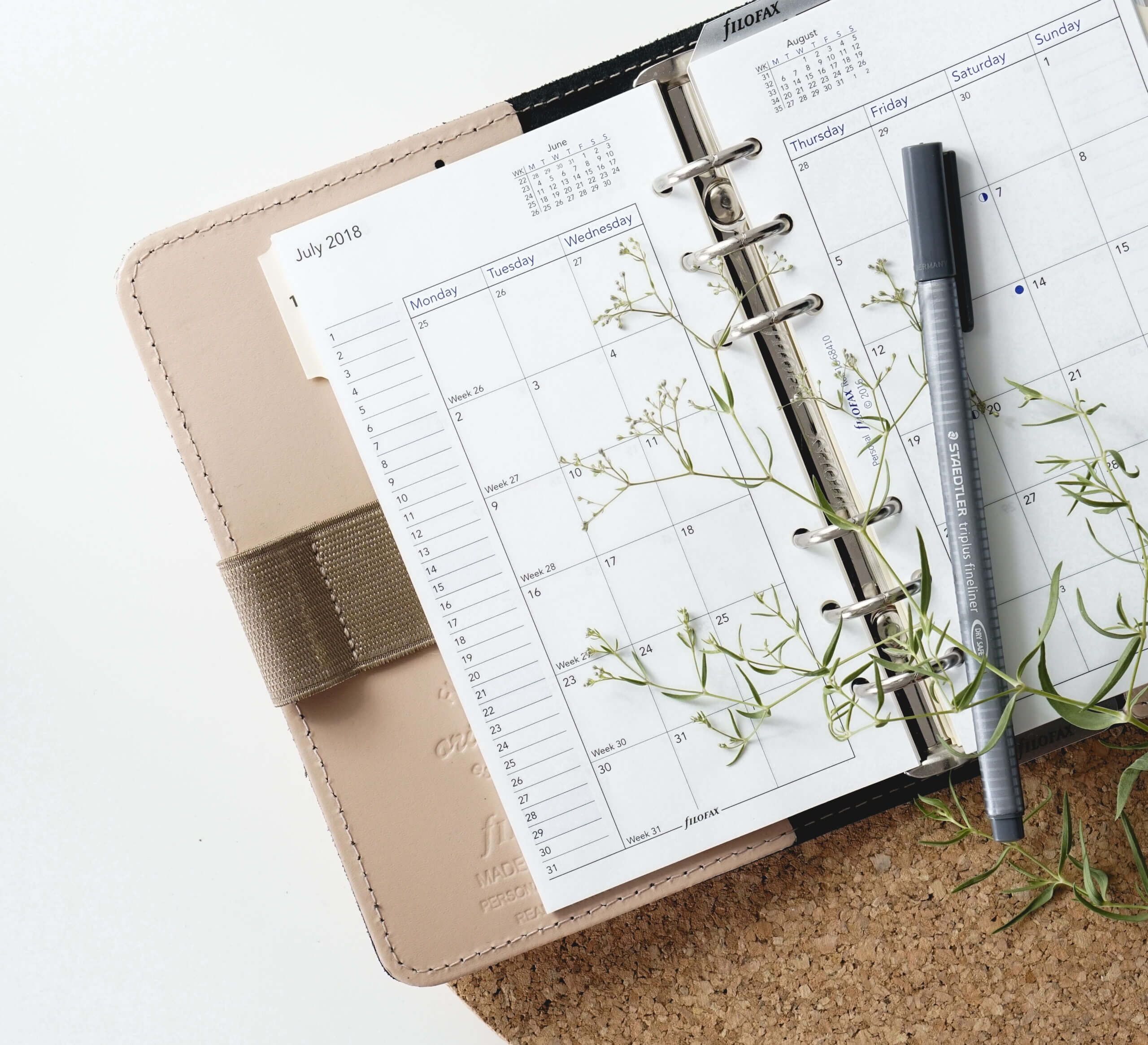 A planner with a calendar opened to July 2018 with a pen a sprig of leaves on it.