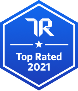 A blue, hexagonal badge that says top rated 2021, with the Trust Radius logo.