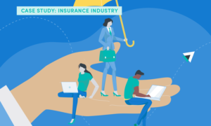 The words Case Study: Insurance Industry, above a woman carrying an umbrella and briefcase, and 2 people with laptops.