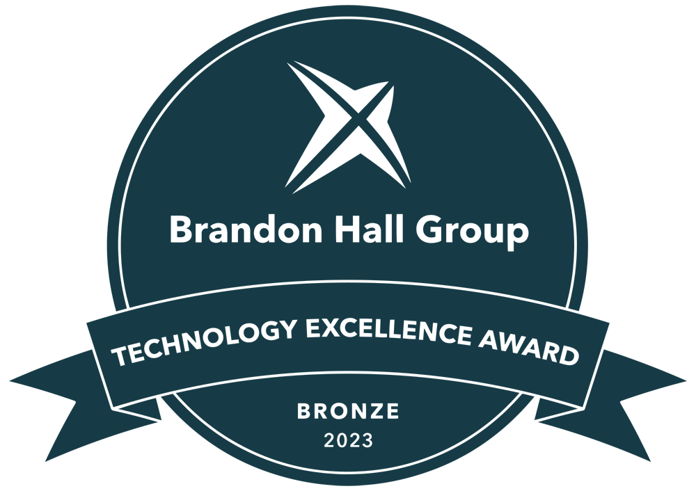 A grey Brandon Hall Group badge that says excellence in technology awards silver 2020.