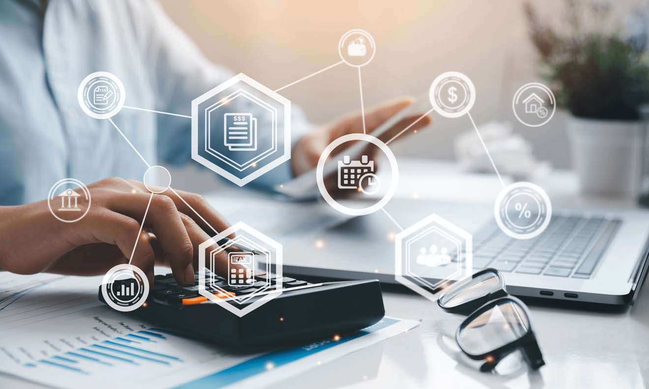an image of a person using a computer with icons signaling different financial and banking service options.