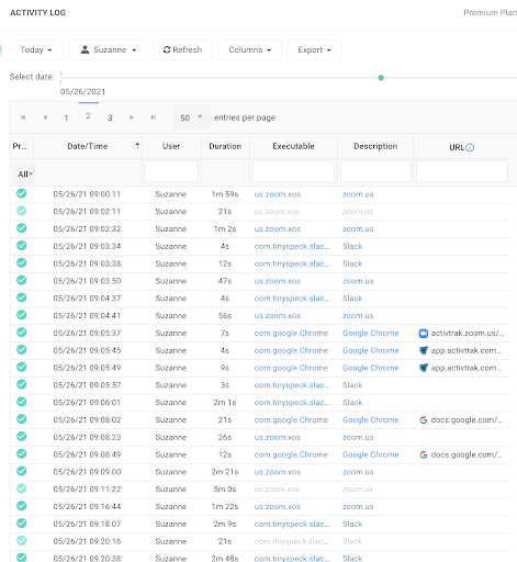 ActivTrak Data Security Screenshot: Activity Log - Data Privacy by Default