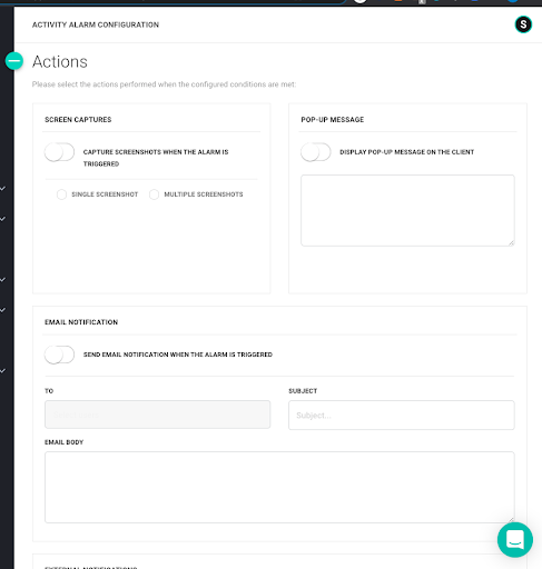 ActivTrak Data Security Screenshot: Alarms - Screen Details Add-on