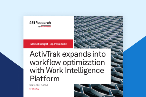 451 Research by S&P Global report cover with red banner and geometric tile image, titled “ActivTrak expands into workflow optimization.”