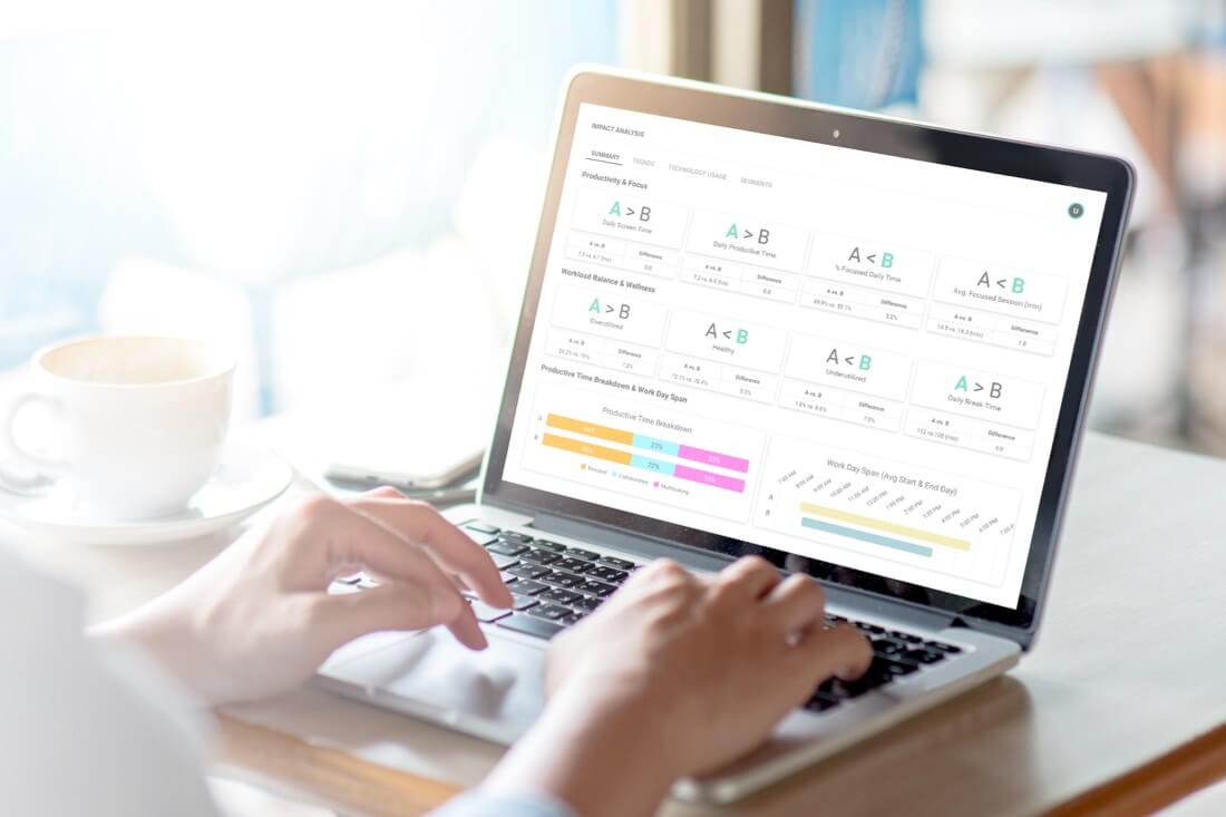 Person looking at ActivTrak’s impact analysis report on a laptop.