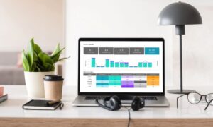 Employee monitoring productivity data on a laptop screen at an empty desk, which begs the question: does employee monitoring increase productivity?