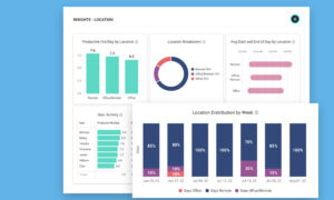 ActivTrak’s location insights report showing productivity by location for in-office, hybrid and remote employees.