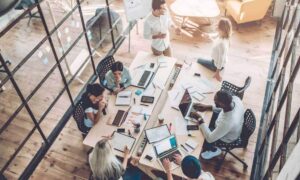 A team analyzing data from ActivTrak’s workplace productivity assessment tool.