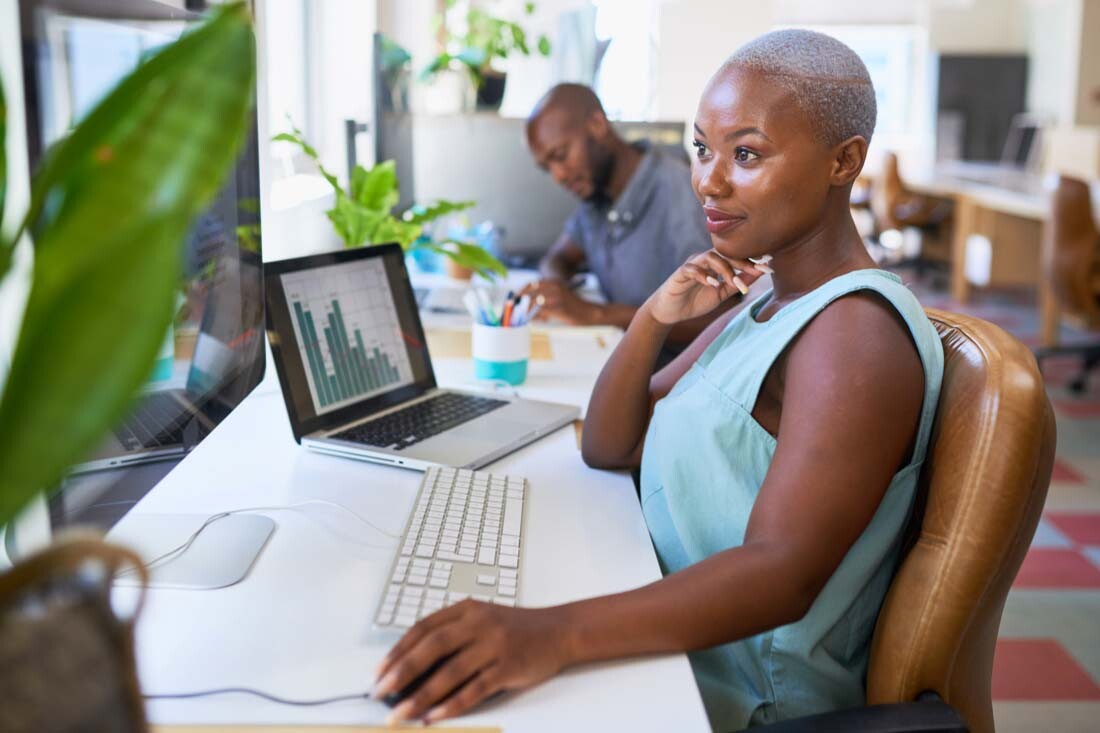 An employee analyzing workstyle analytics for her team.