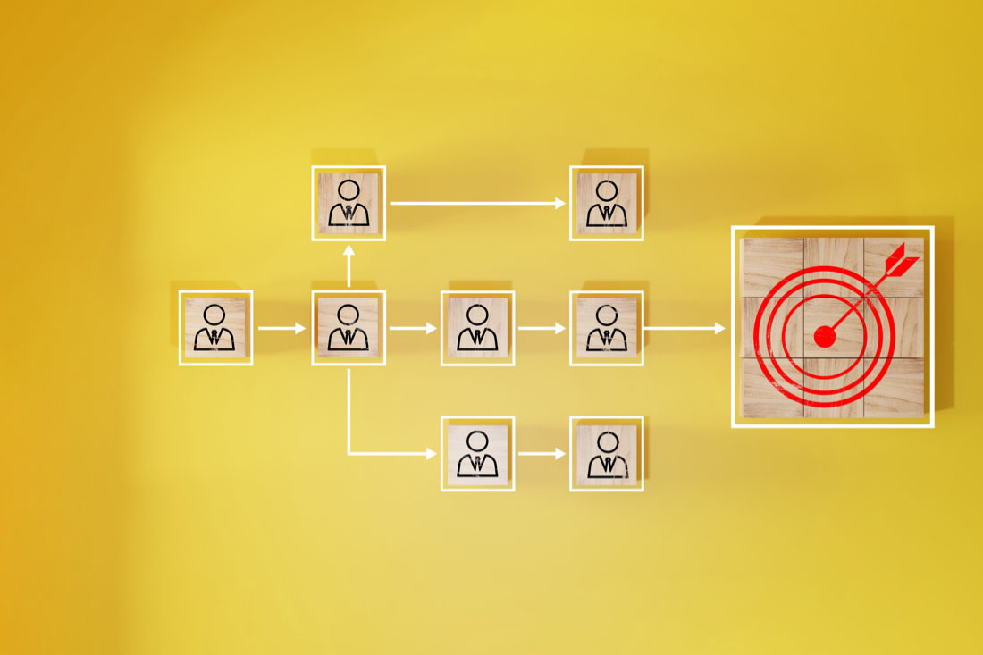 An org chart shown in wood tiles, pointing towards a target to signify role alignment.