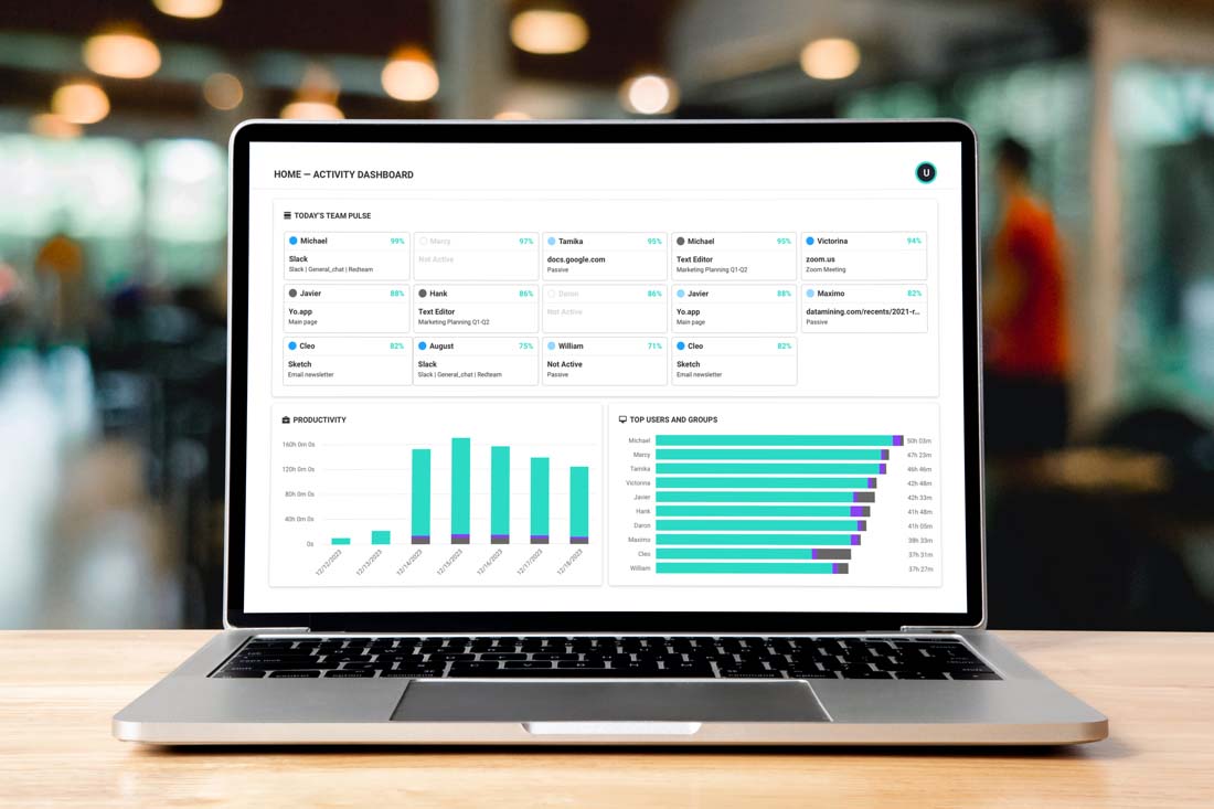 A laptop on a table with ActivTrak’s dashboard to understand employee productivity vs hours worked.