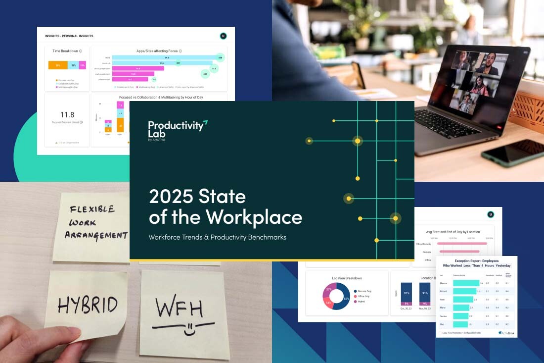 Visual collage on 2025 workplace trends with charts, video call, and notes on hybrid and remote work